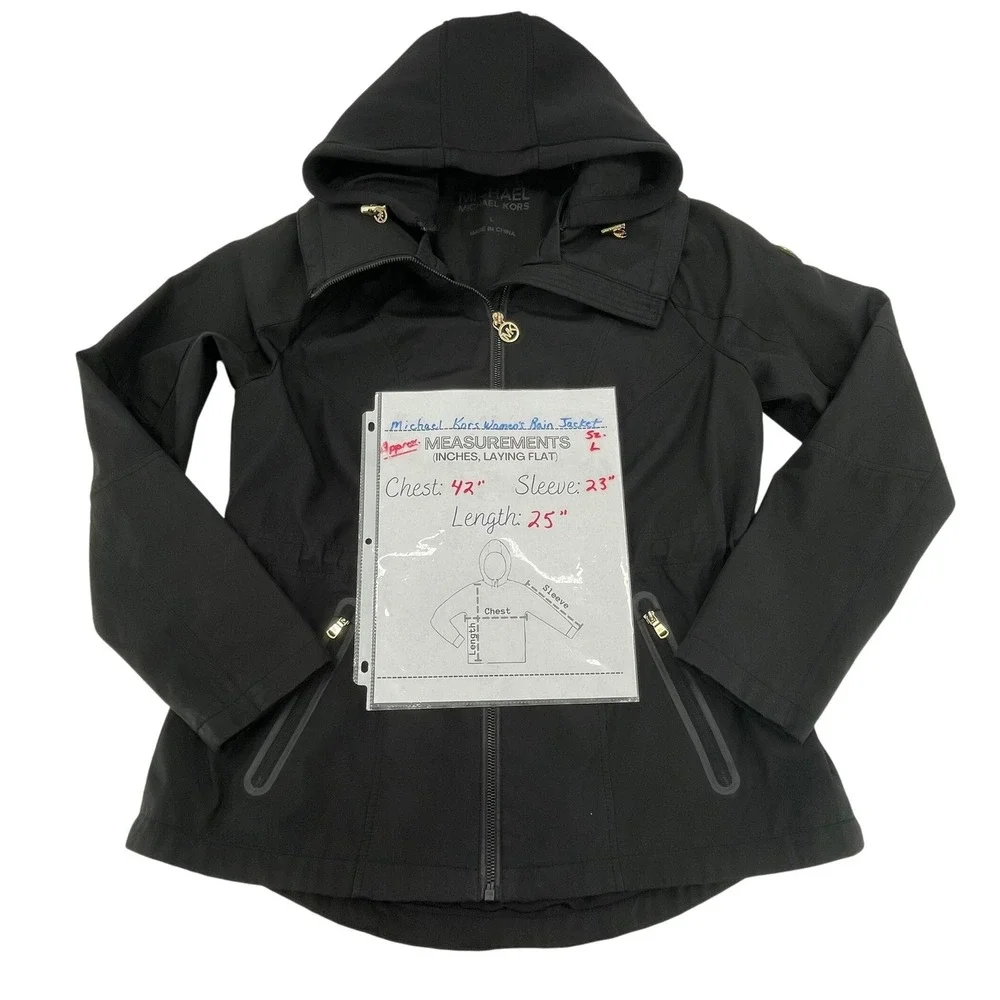 MICHAEL‎ KORS Womens Black Hooded Anorak Rain Jacket Size L Utility *Flaws*READ*